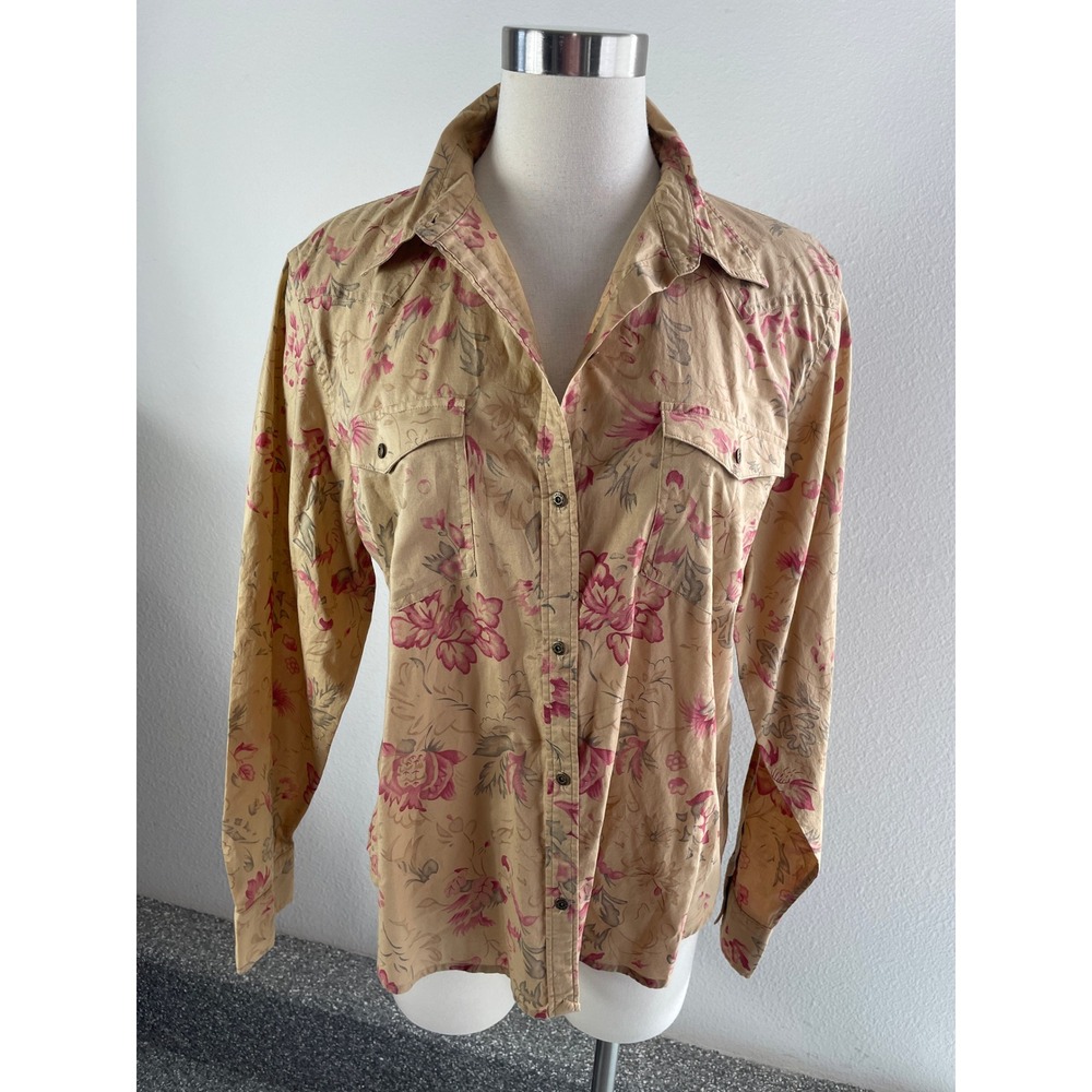 Chaps Denim Womens XL Tan Pink Floral Western Button Up Shirt Long Sleeve